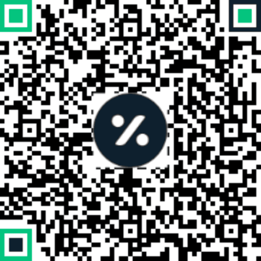 QR code with a percent sign in the center on a white background with green corners.