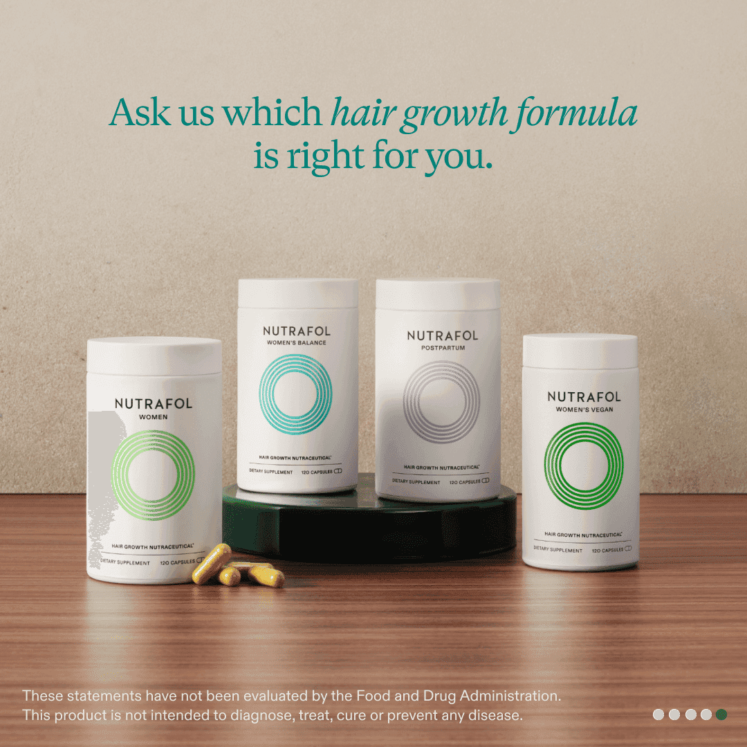 Four Nutrafol hair growth supplements with a medical disclaimer.