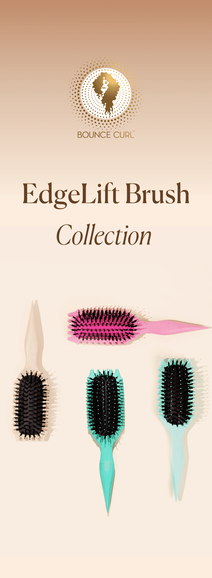 EdgeLift Brush Collection featuring three stylish, colorful hairbrushes.