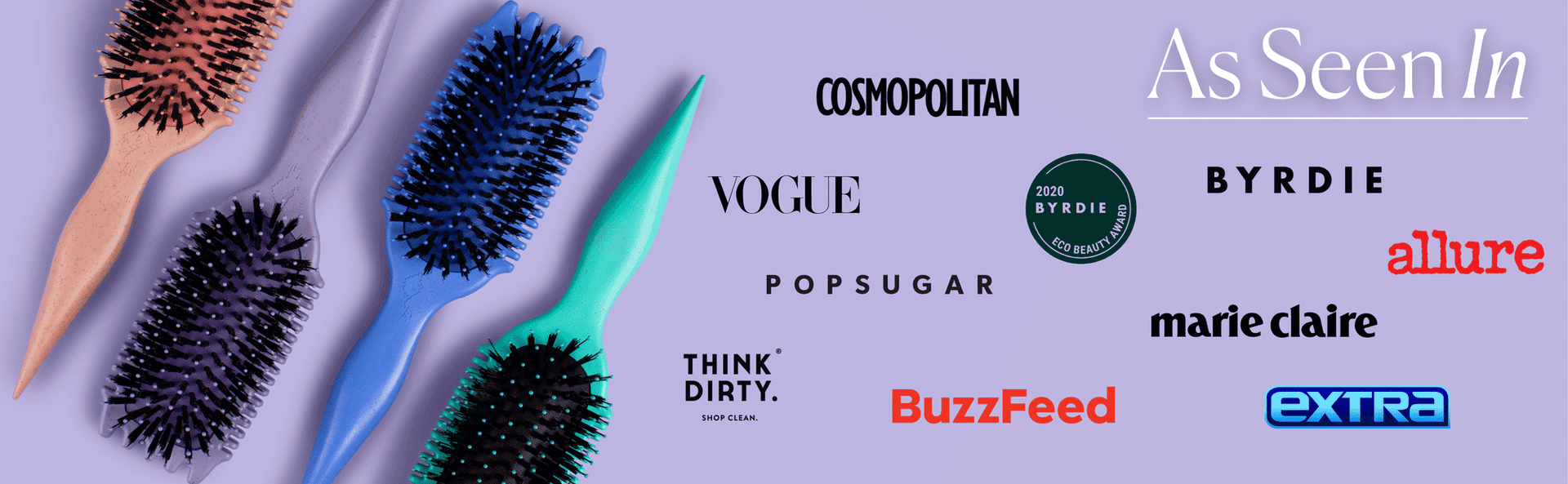 Hairbrushes and beauty magazine logos, including Cosmopolitan and Vogue, on a purple background.
