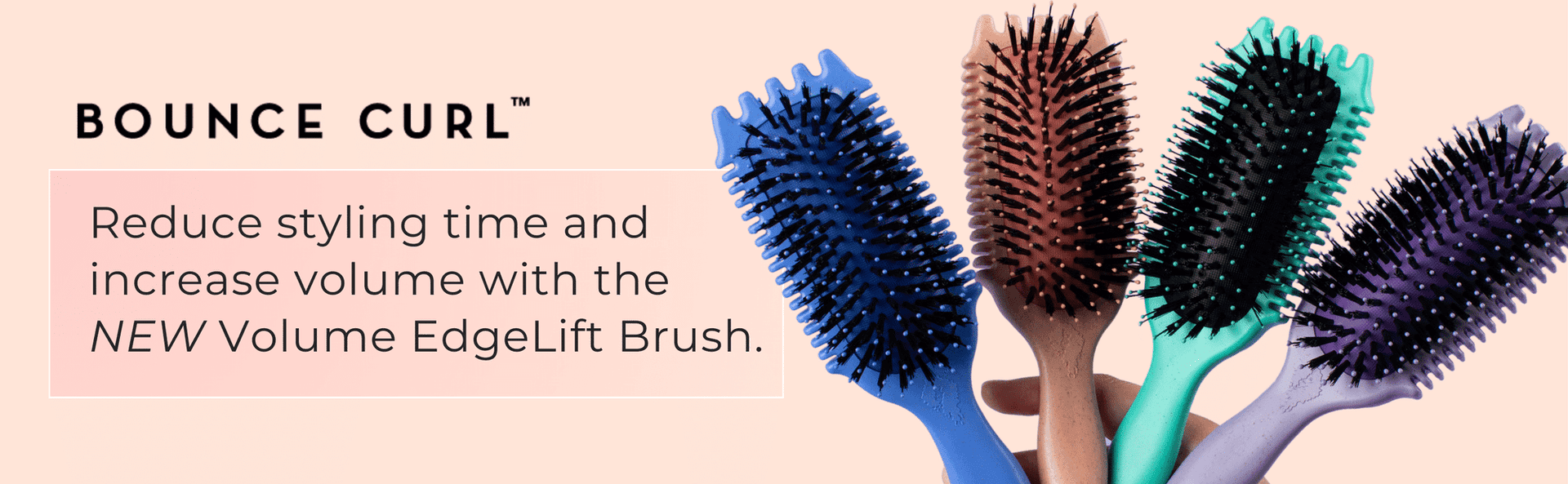 Four colorful hair brushes with text promoting fast styling and volume increase.