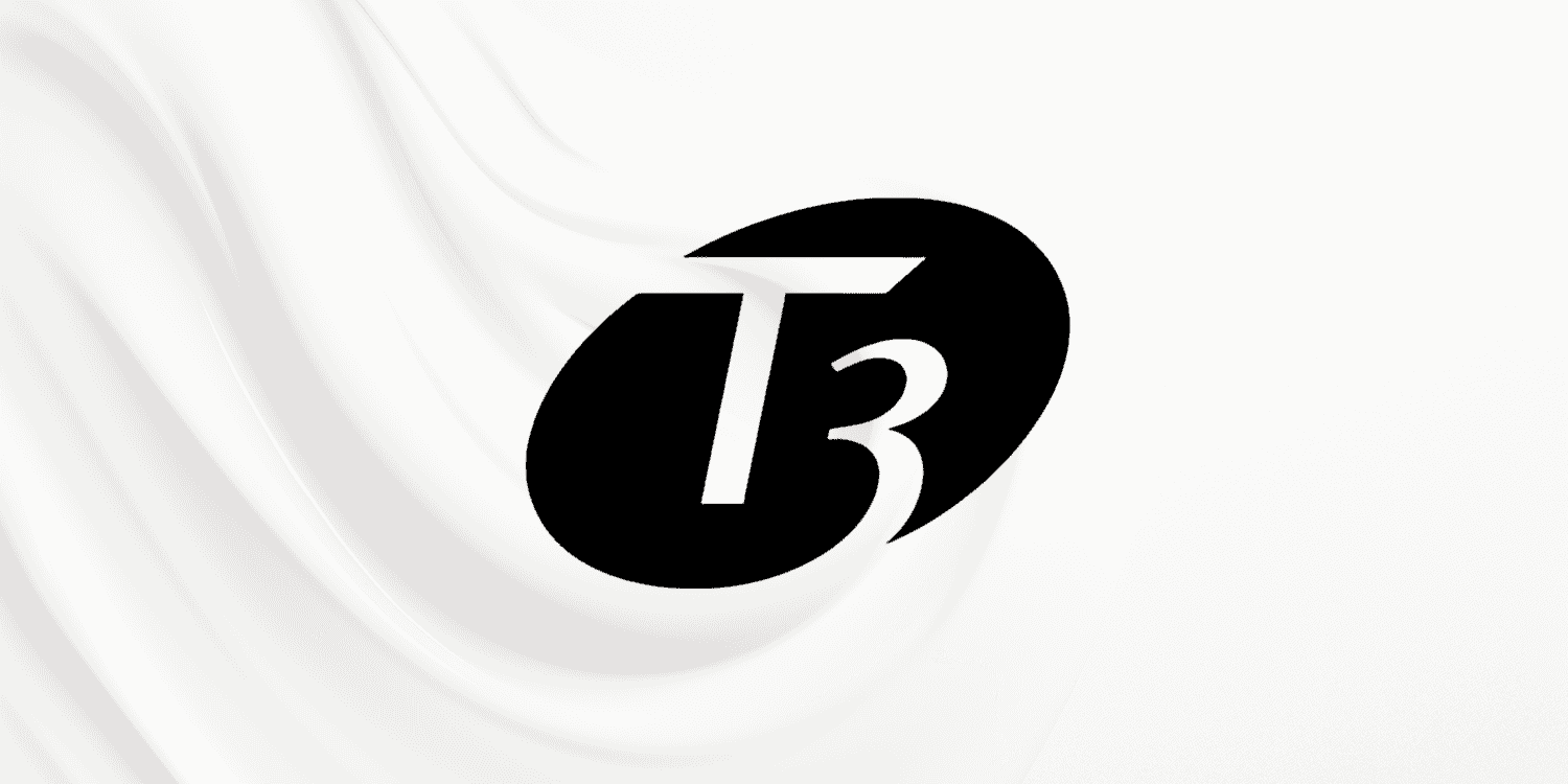 Flowing fabric with black and white T3 logo design.