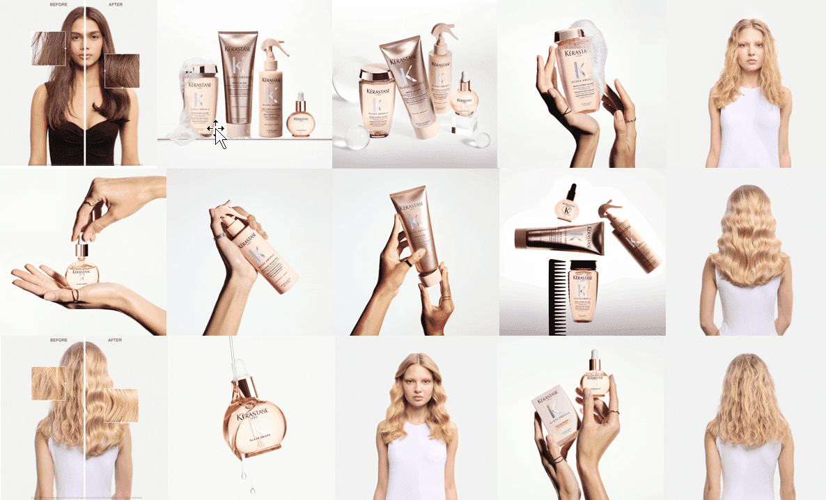 Haircare product collection with models showing shiny, styled hair.