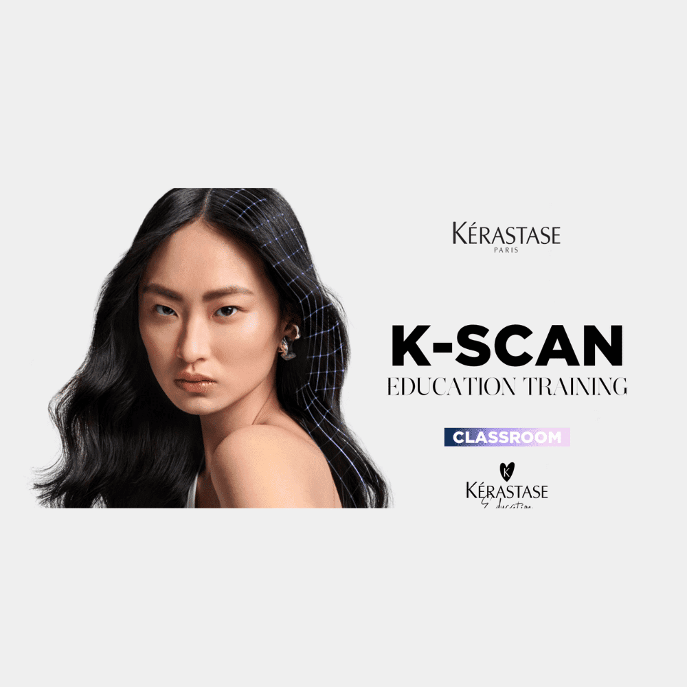 Hair model for Kérastase K-Scan educational training, featuring sleek black hair.