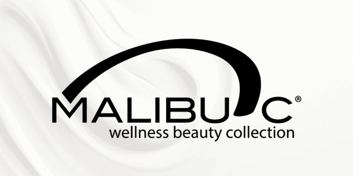 Logo of Malibu C wellness beauty collection on a wavy, textured background.