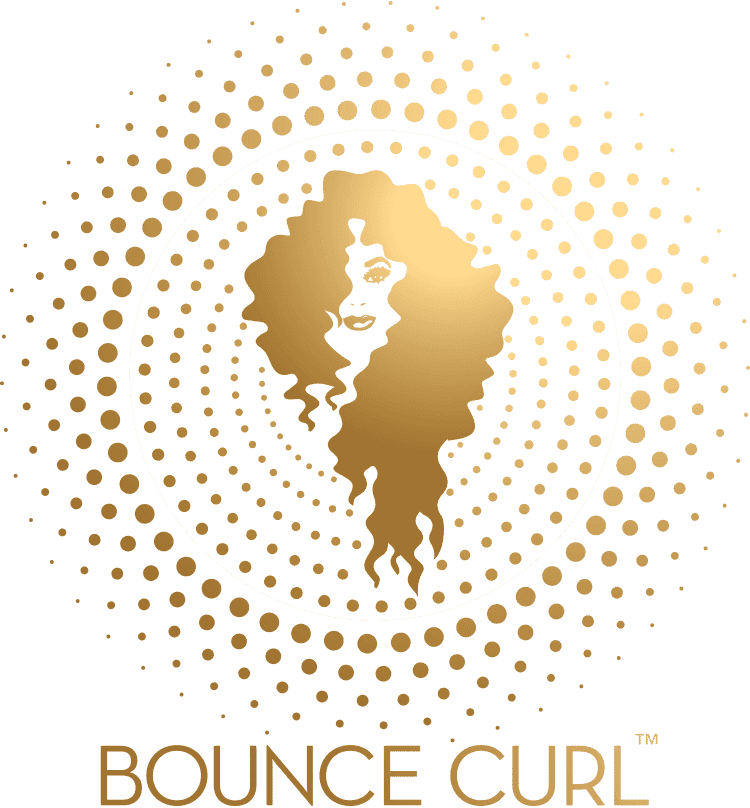 Golden silhouette of a woman with curly hair inside a dotted circle, labeled "Bounce Curl.