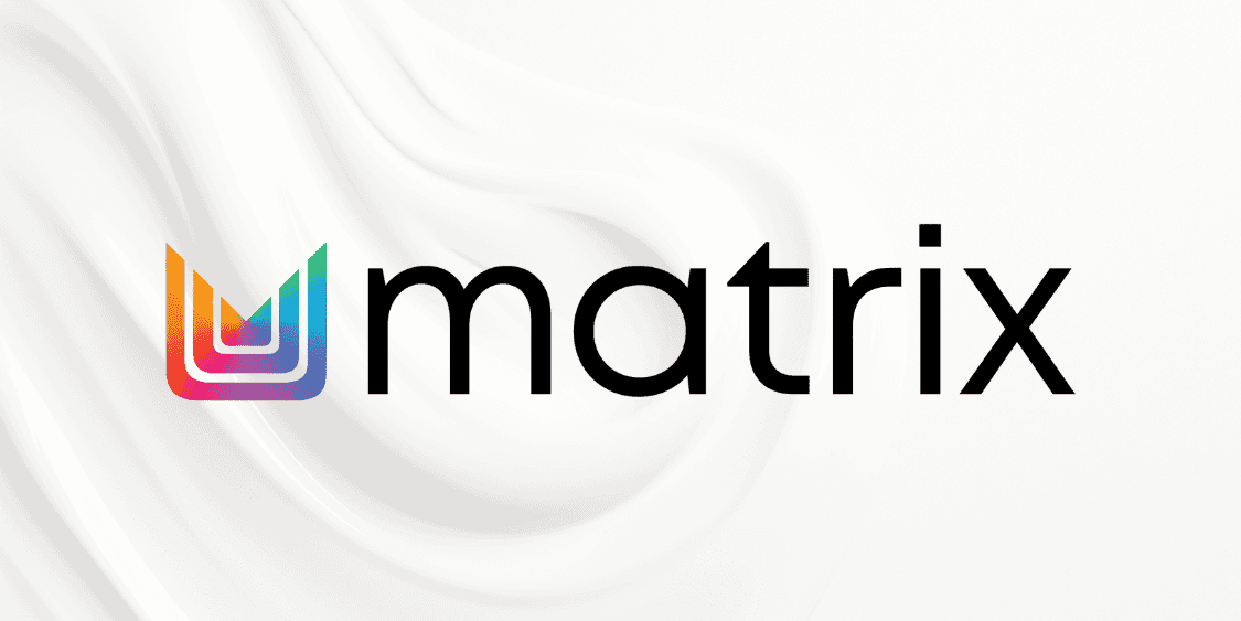 Colorful "matrix" logo on a white, wavy background.